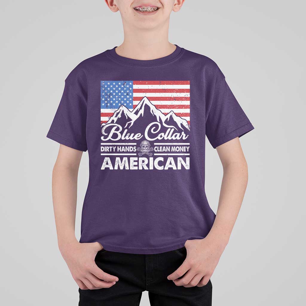 Blue Collar American T Shirt For Kid Dirty Hands Clean Money Vintage American Flag Mountain - Wonder Print Shop