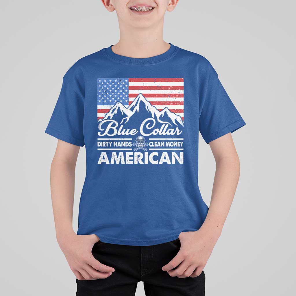 Blue Collar American T Shirt For Kid Dirty Hands Clean Money Vintage American Flag Mountain - Wonder Print Shop