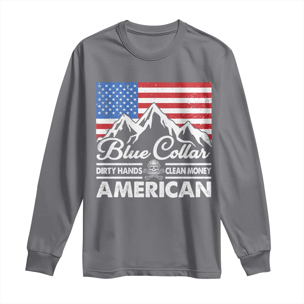 Blue Collar American Long Sleeve Shirt Dirty Hands Clean Money Vintage American Flag Mountain - Wonder Print Shop