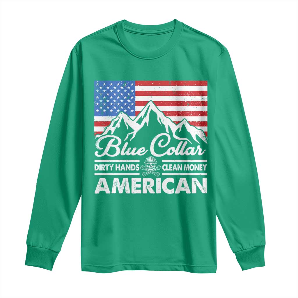 Blue Collar American Long Sleeve Shirt Dirty Hands Clean Money Vintage American Flag Mountain - Wonder Print Shop