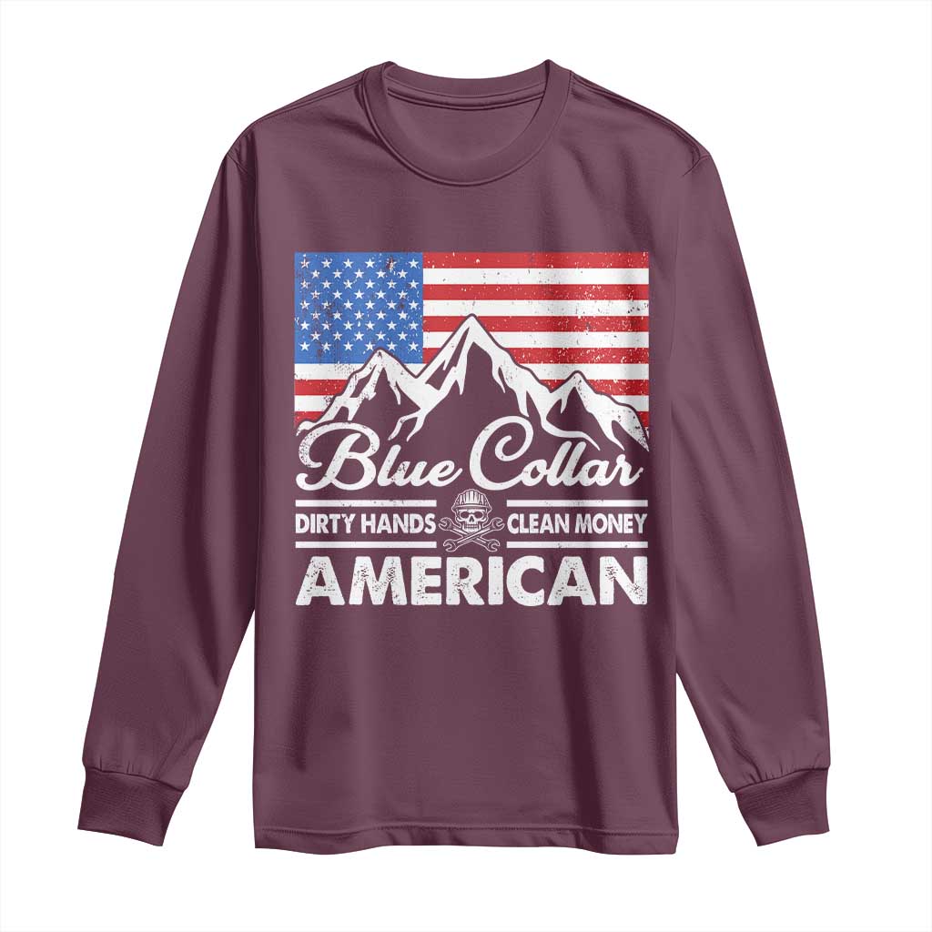 Blue Collar American Long Sleeve Shirt Dirty Hands Clean Money Vintage American Flag Mountain - Wonder Print Shop
