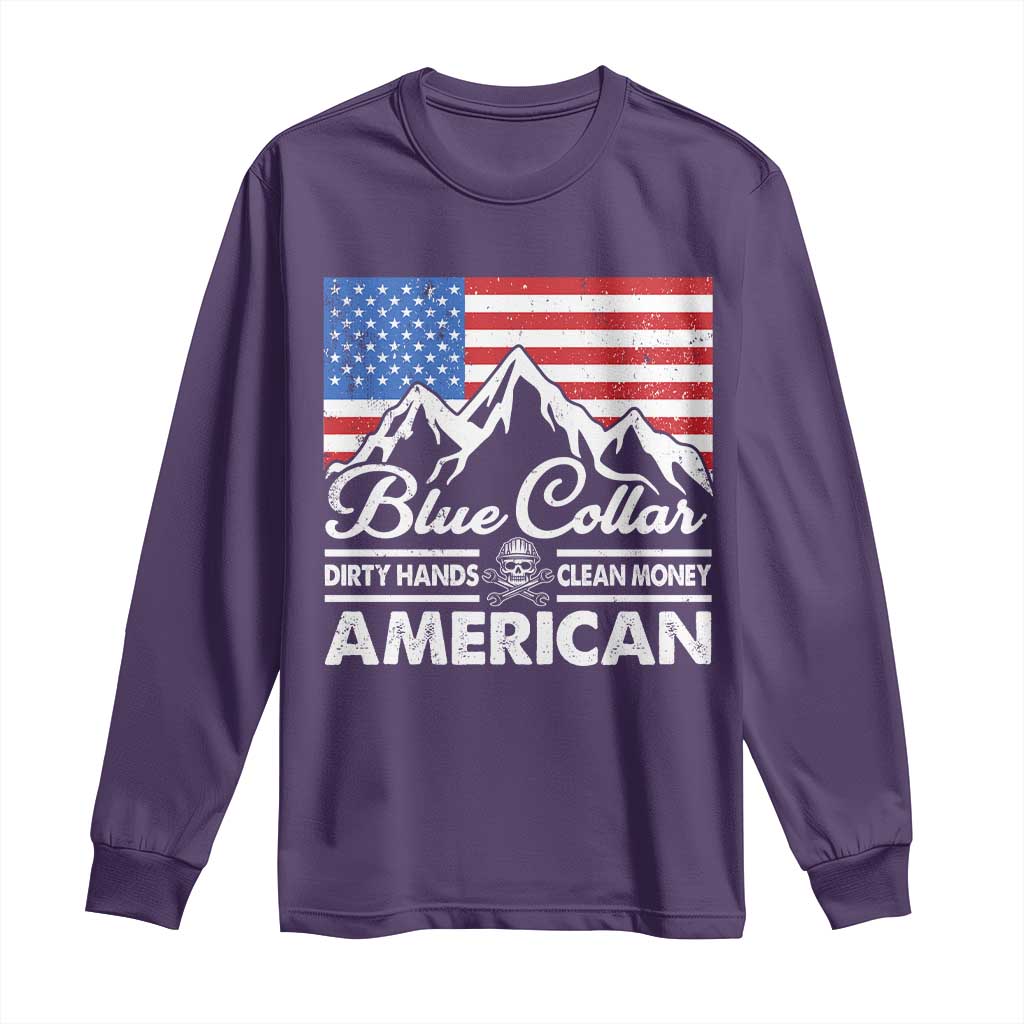 Blue Collar American Long Sleeve Shirt Dirty Hands Clean Money Vintage American Flag Mountain - Wonder Print Shop