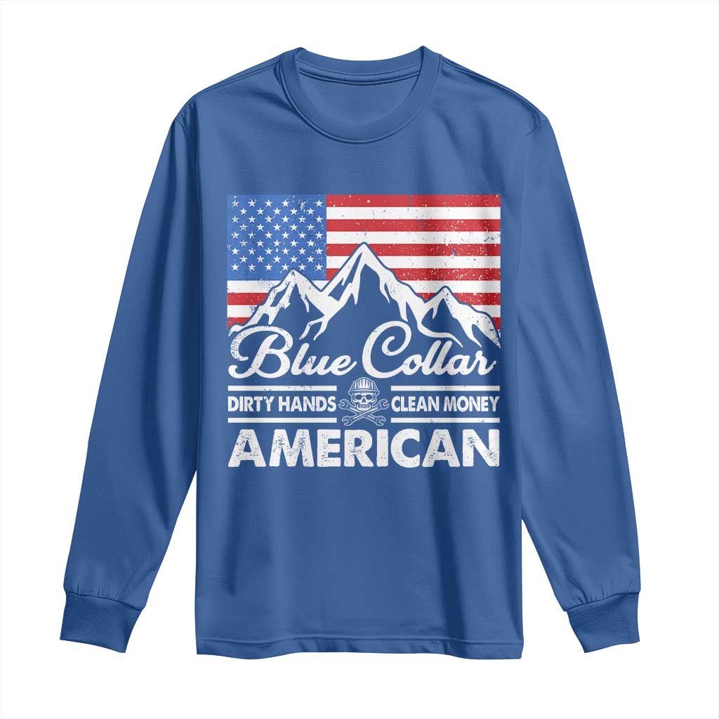 Blue Collar American Long Sleeve Shirt Dirty Hands Clean Money Vintage American Flag Mountain - Wonder Print Shop