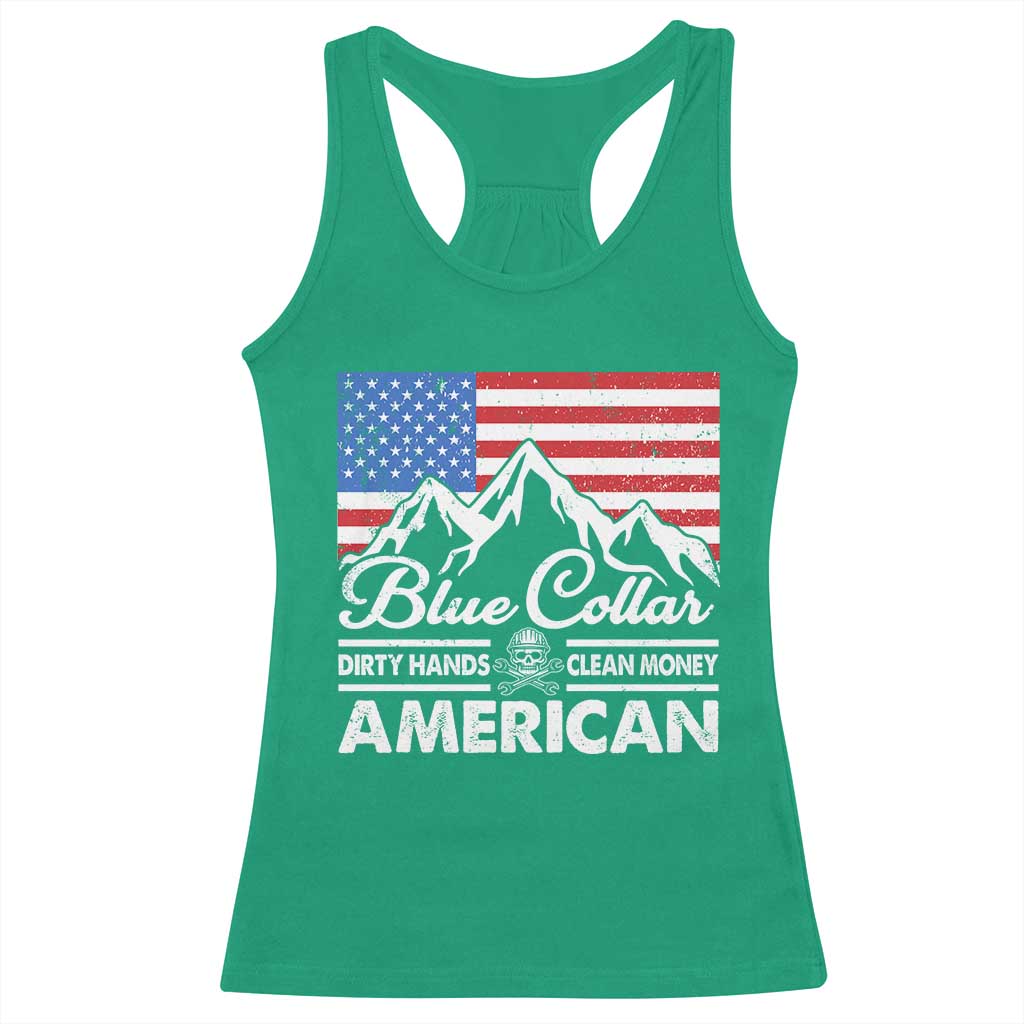 Blue Collar American Racerback Tank Top Dirty Hands Clean Money Vintage American Flag Mountain - Wonder Print Shop