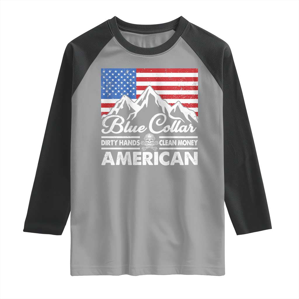 Blue Collar American Raglan Shirt Dirty Hands Clean Money Vintage American Flag Mountain - Wonder Print Shop