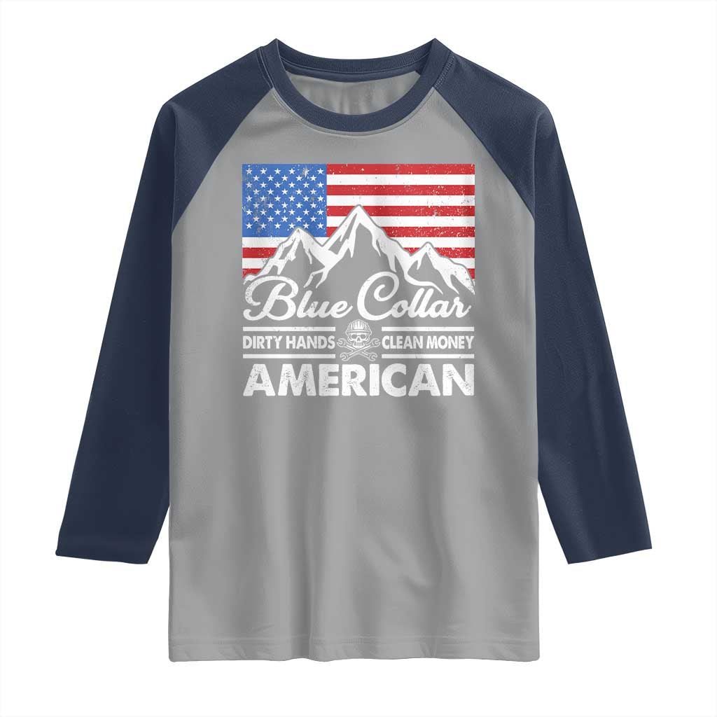 Blue Collar American Raglan Shirt Dirty Hands Clean Money Vintage American Flag Mountain - Wonder Print Shop