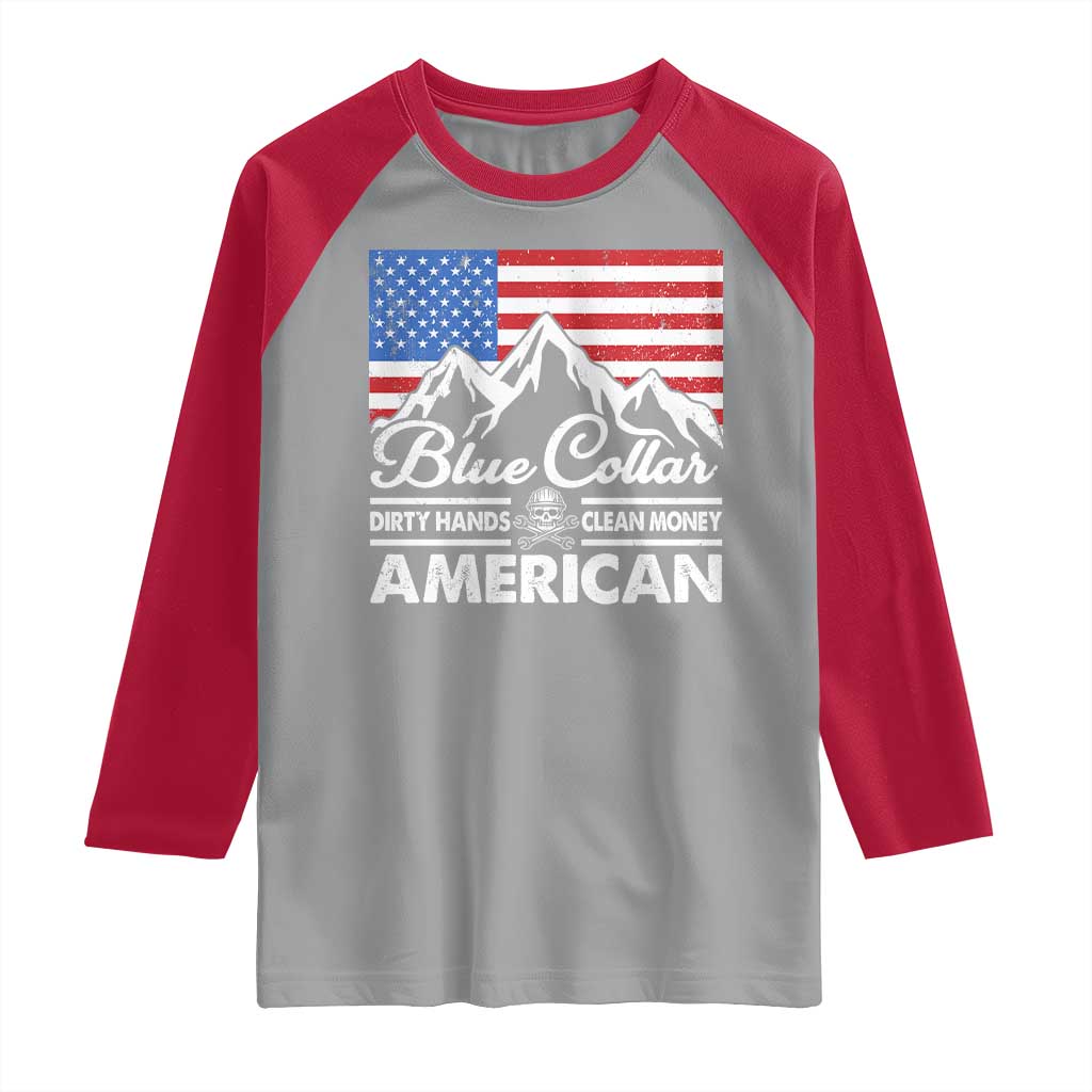 Blue Collar American Raglan Shirt Dirty Hands Clean Money Vintage American Flag Mountain - Wonder Print Shop