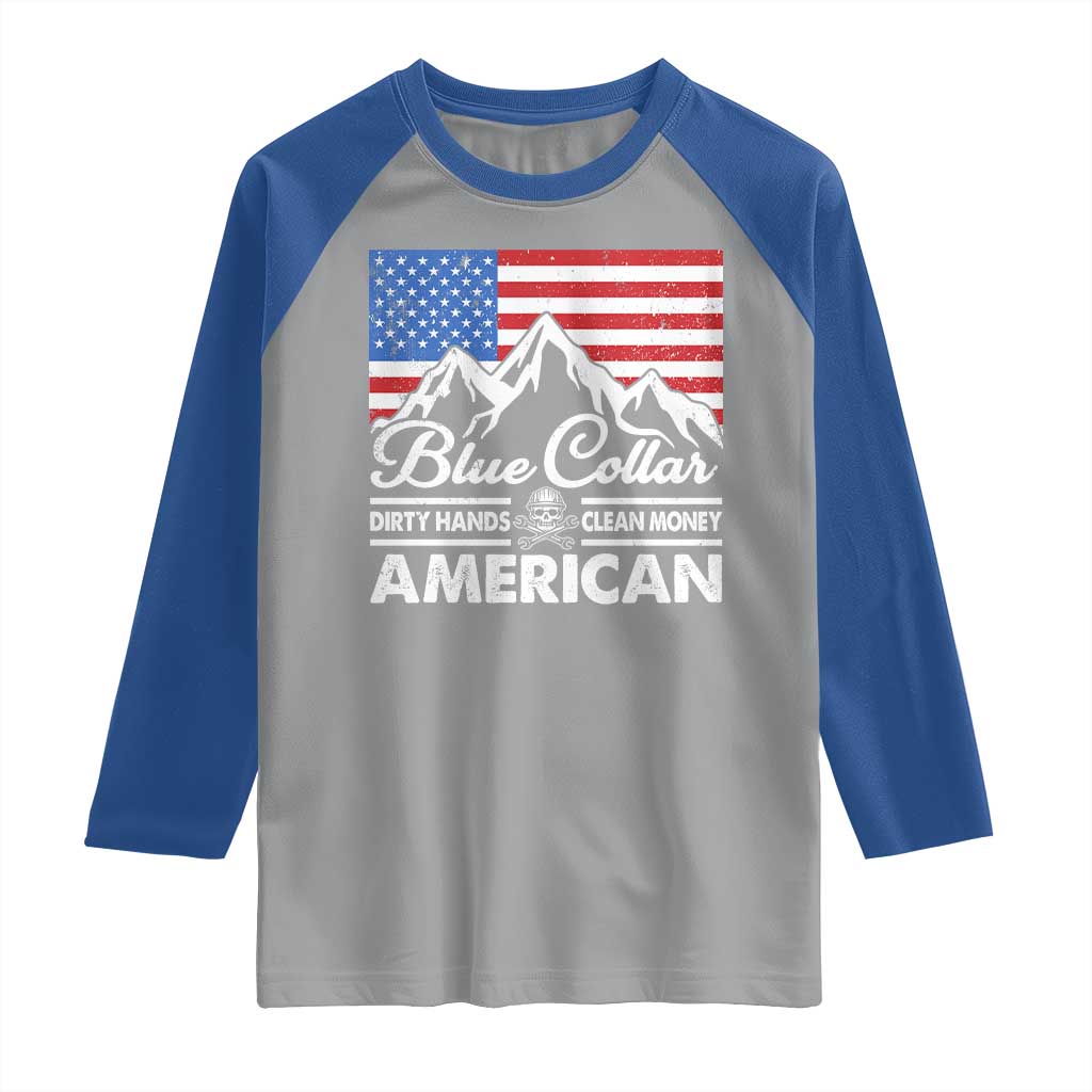 Blue Collar American Raglan Shirt Dirty Hands Clean Money Vintage American Flag Mountain - Wonder Print Shop