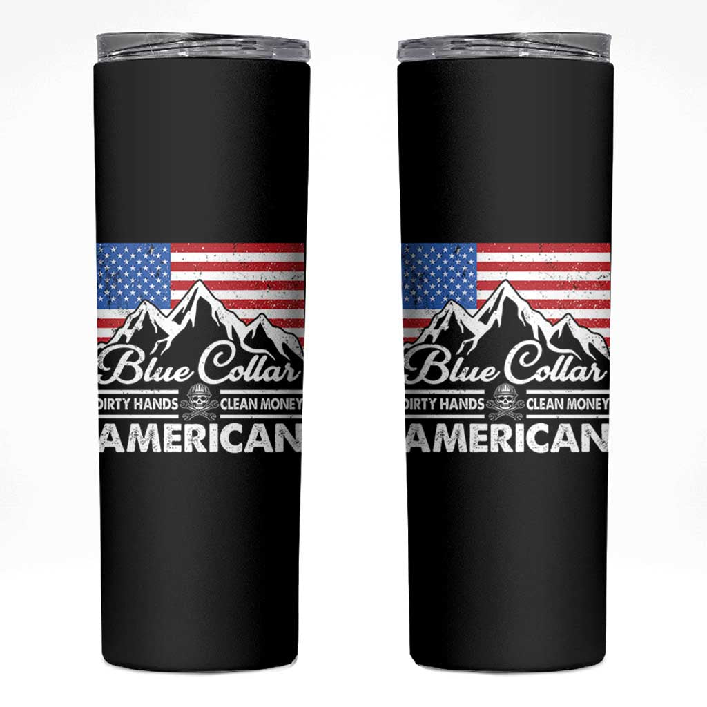Blue Collar American Skinny Tumbler Dirty Hands Clean Money Vintage American Flag Mountain - Wonder Print Shop