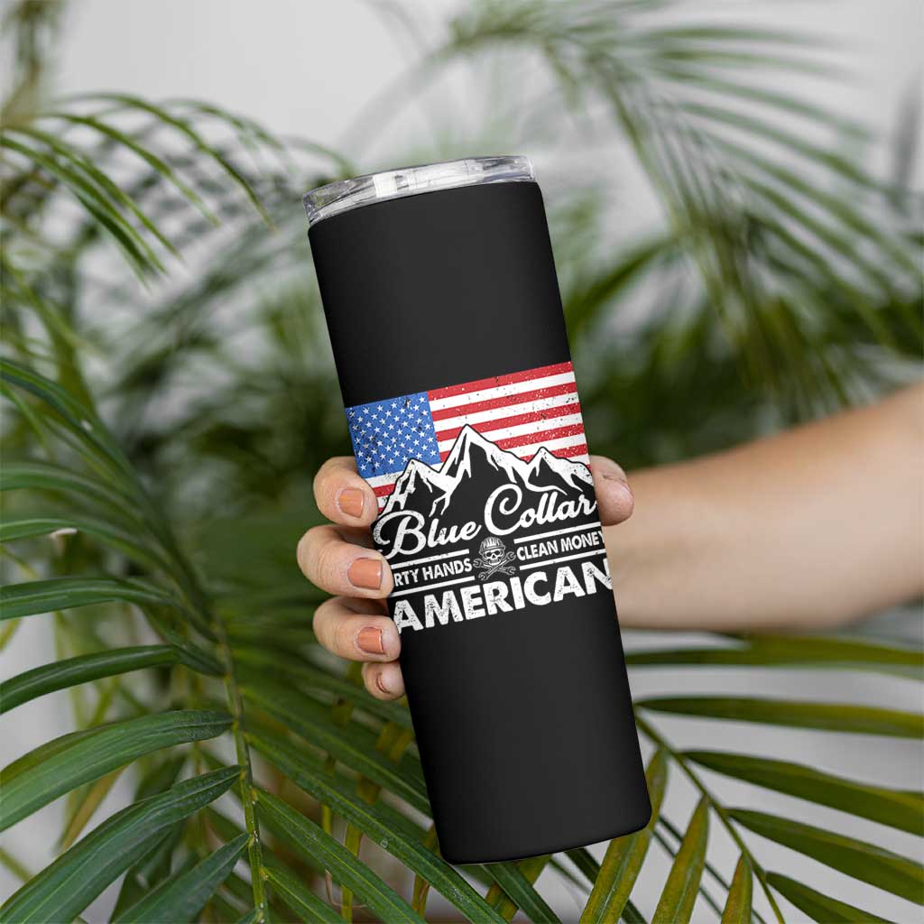 Blue Collar American Skinny Tumbler Dirty Hands Clean Money Vintage American Flag Mountain - Wonder Print Shop