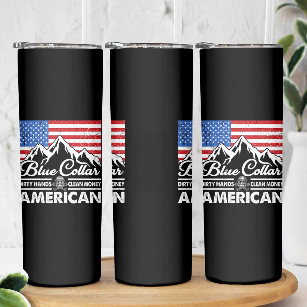 Blue Collar American Skinny Tumbler Dirty Hands Clean Money Vintage American Flag Mountain - Wonder Print Shop