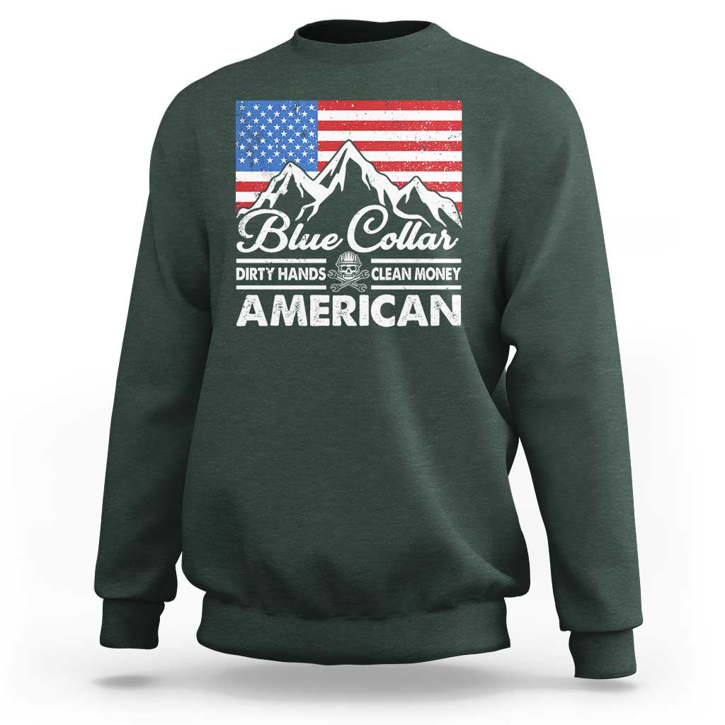 Blue Collar American Sweatshirt Dirty Hands Clean Money Vintage American Flag Mountain - Wonder Print Shop