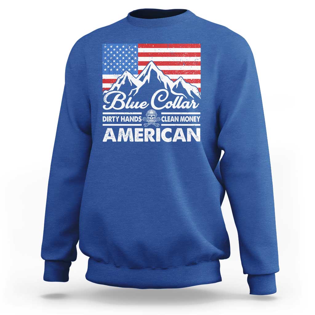 Blue Collar American Sweatshirt Dirty Hands Clean Money Vintage American Flag Mountain - Wonder Print Shop