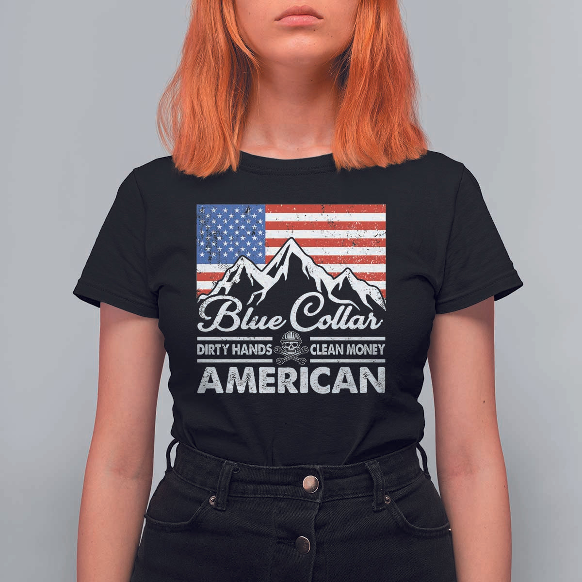 Blue Collar American T Shirt For Women Dirty Hands Clean Money Vintage American Flag Mountain - Wonder Print Shop