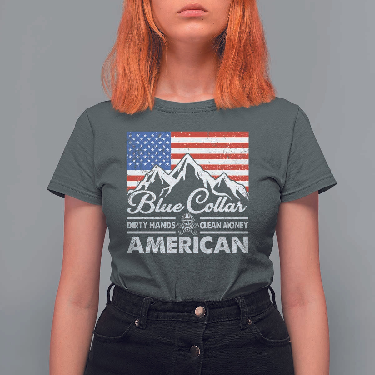 Blue Collar American T Shirt For Women Dirty Hands Clean Money Vintage American Flag Mountain - Wonder Print Shop