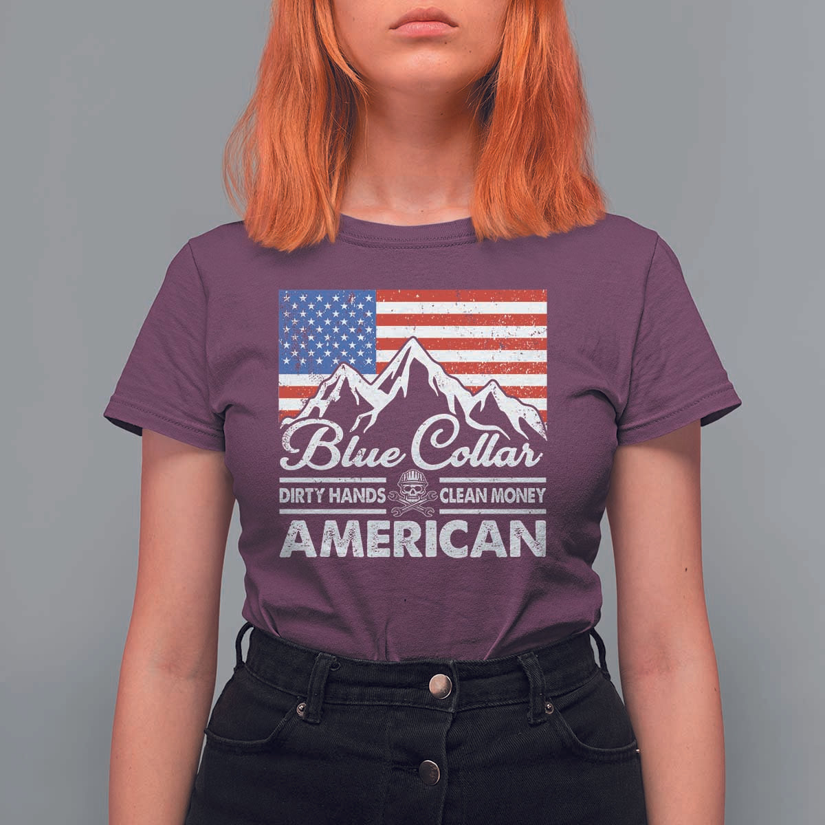 Blue Collar American T Shirt For Women Dirty Hands Clean Money Vintage American Flag Mountain - Wonder Print Shop