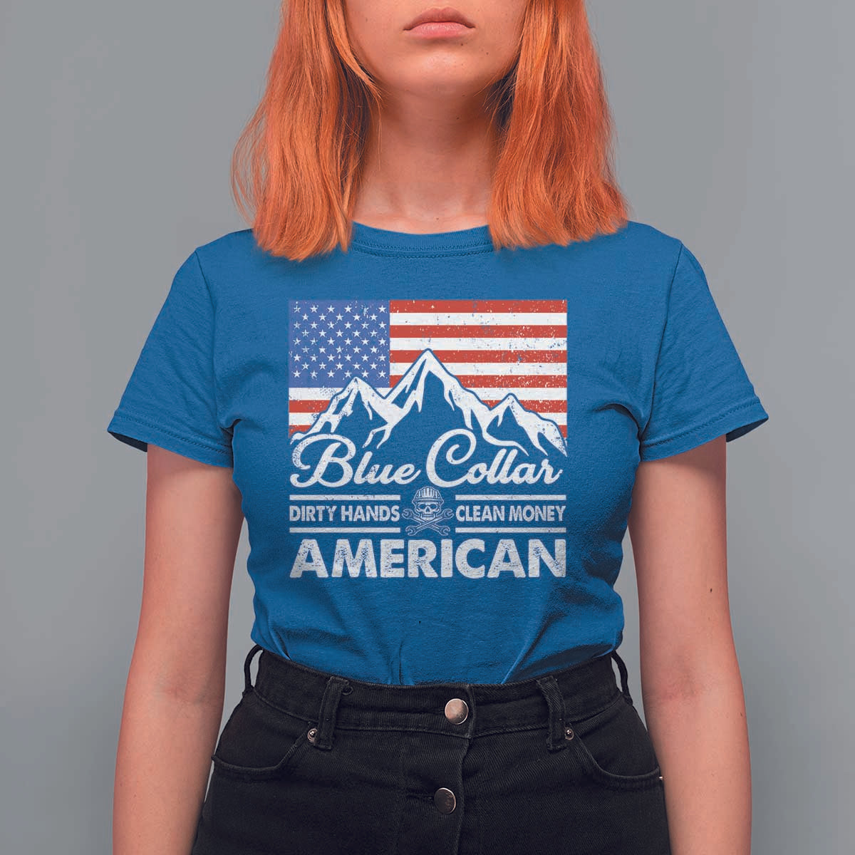 Blue Collar American T Shirt For Women Dirty Hands Clean Money Vintage American Flag Mountain - Wonder Print Shop