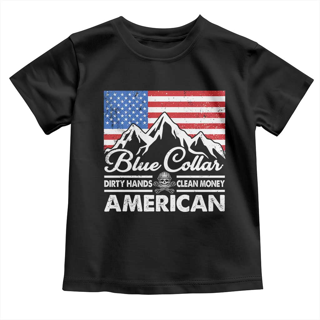 Blue Collar American Toddler T Shirt Dirty Hands Clean Money Vintage American Flag Mountain - Wonder Print Shop