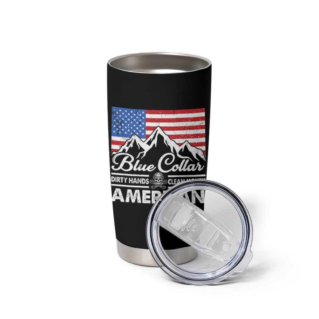 Blue Collar American Tumbler Cup Dirty Hands Clean Money Vintage American Flag Mountain - Wonder Print Shop