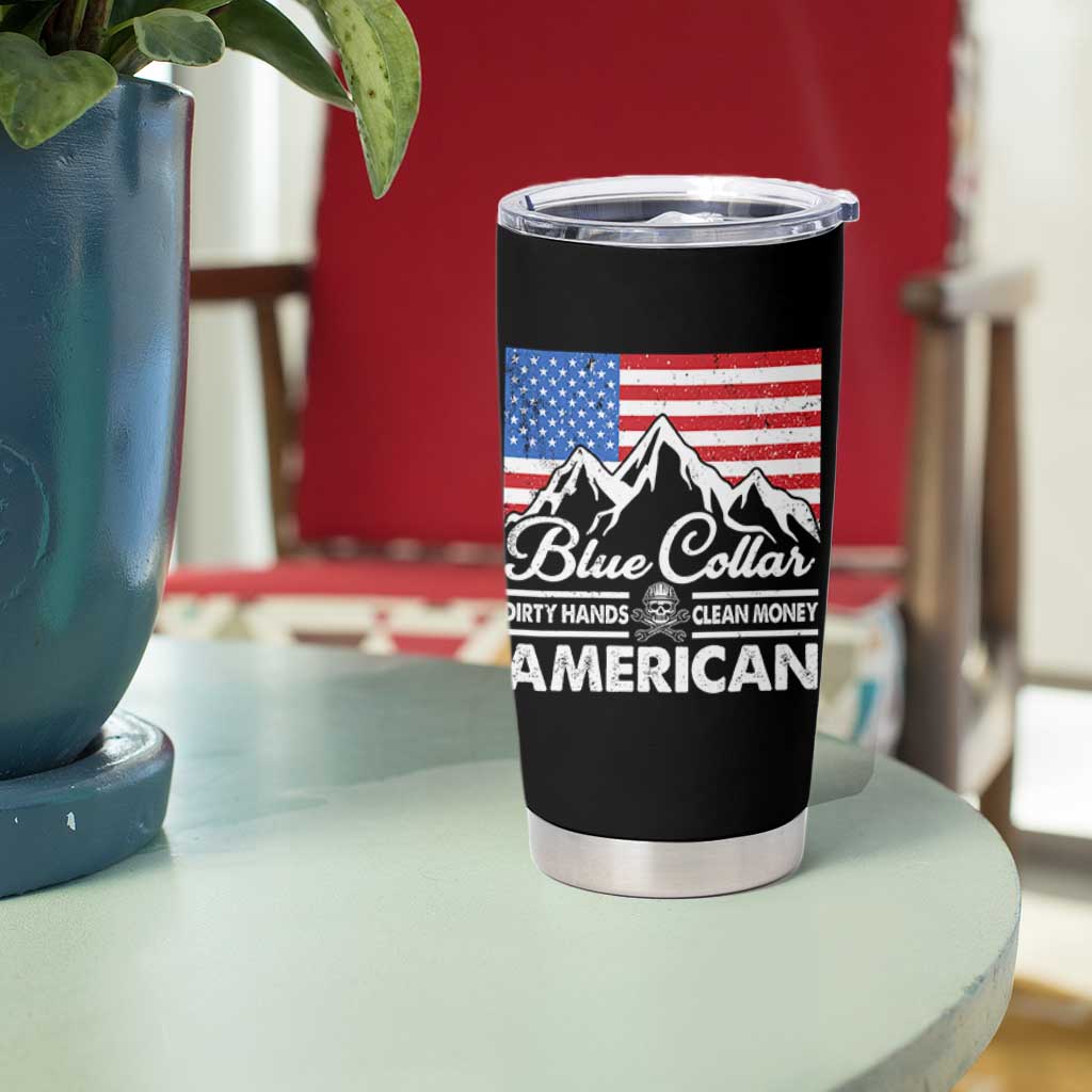 Blue Collar American Tumbler Cup Dirty Hands Clean Money Vintage American Flag Mountain - Wonder Print Shop