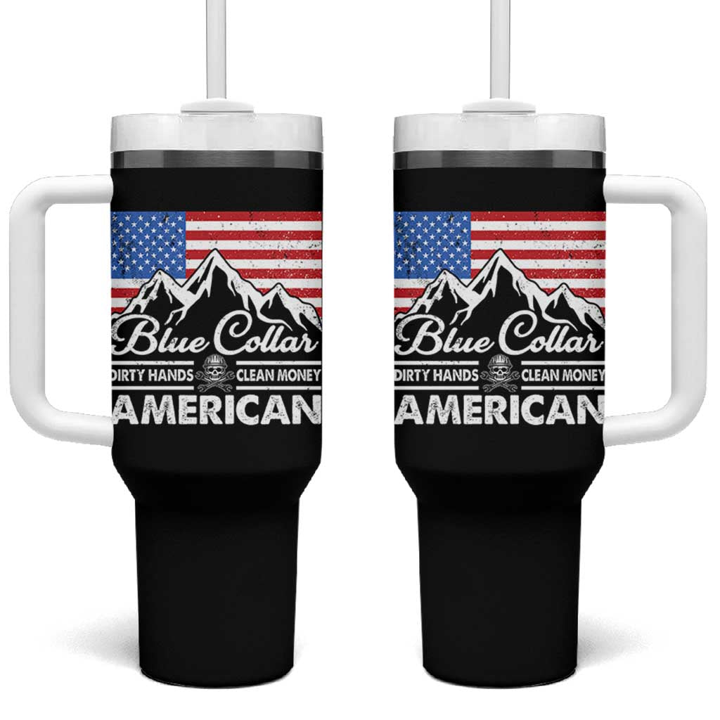 Blue Collar American Tumbler With Handle Dirty Hands Clean Money Vintage American Flag Mountain - Wonder Print Shop