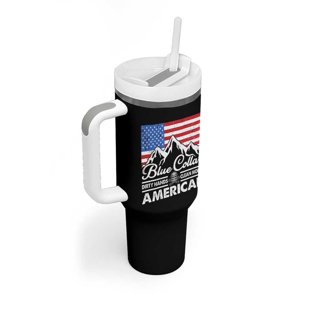 Blue Collar American Tumbler With Handle Dirty Hands Clean Money Vintage American Flag Mountain - Wonder Print Shop