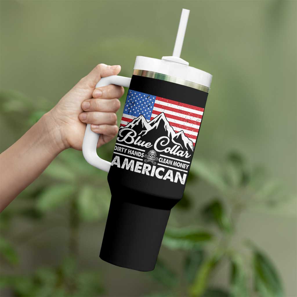 Blue Collar American Tumbler With Handle Dirty Hands Clean Money Vintage American Flag Mountain - Wonder Print Shop