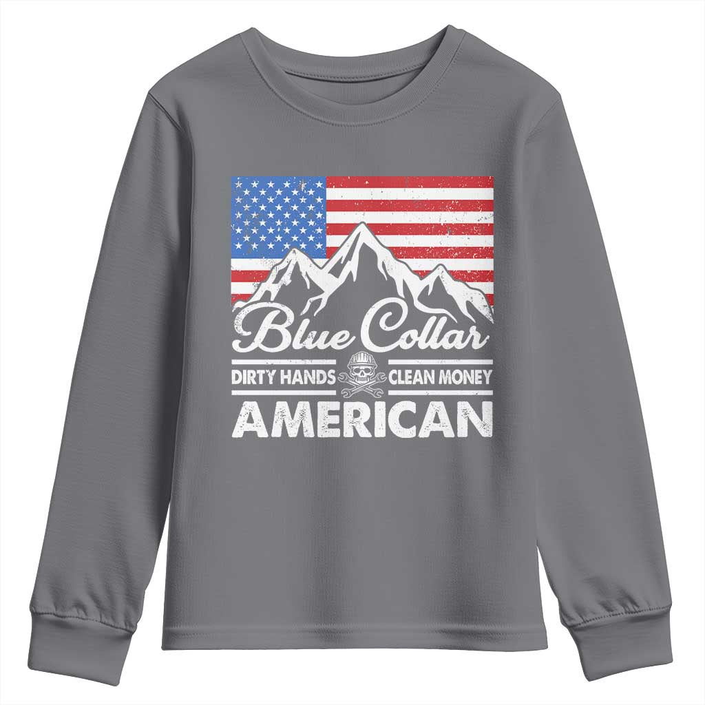 Blue Collar American Youth Sweatshirt Dirty Hands Clean Money Vintage American Flag Mountain - Wonder Print Shop