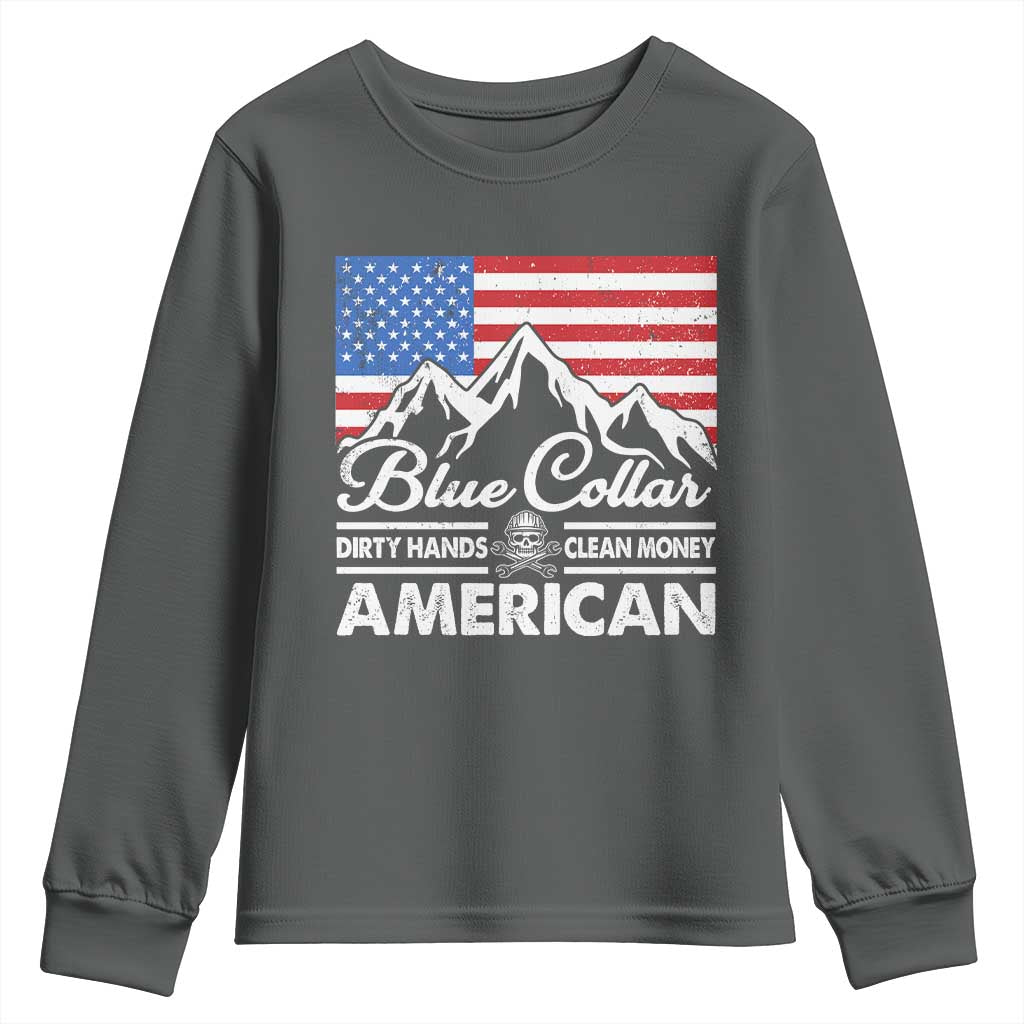 Blue Collar American Youth Sweatshirt Dirty Hands Clean Money Vintage American Flag Mountain - Wonder Print Shop