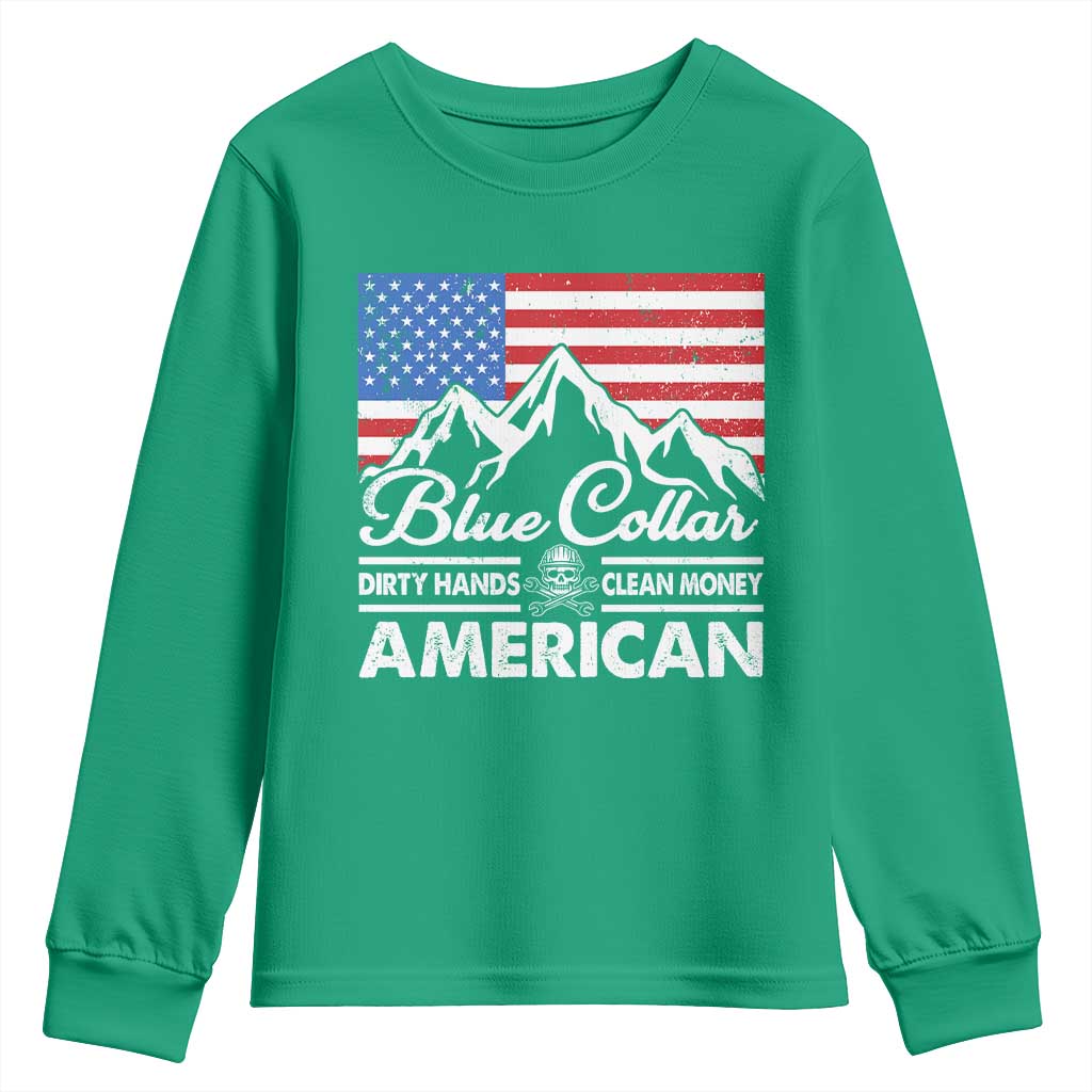 Blue Collar American Youth Sweatshirt Dirty Hands Clean Money Vintage American Flag Mountain - Wonder Print Shop