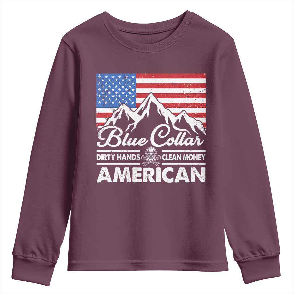Blue Collar American Youth Sweatshirt Dirty Hands Clean Money Vintage American Flag Mountain - Wonder Print Shop