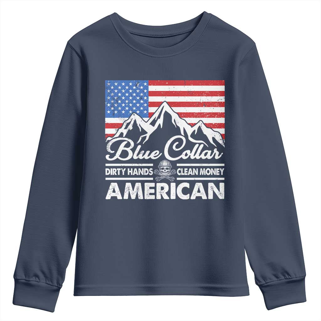 Blue Collar American Youth Sweatshirt Dirty Hands Clean Money Vintage American Flag Mountain - Wonder Print Shop
