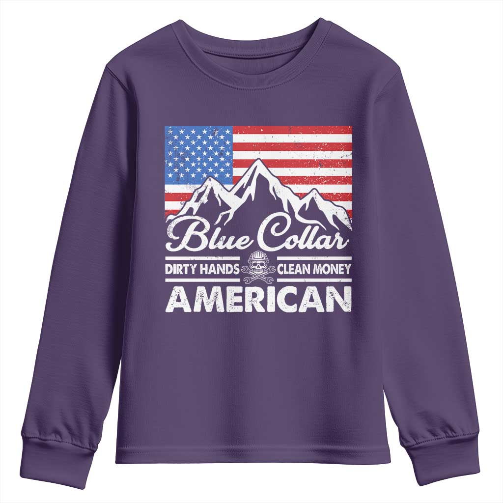 Blue Collar American Youth Sweatshirt Dirty Hands Clean Money Vintage American Flag Mountain - Wonder Print Shop