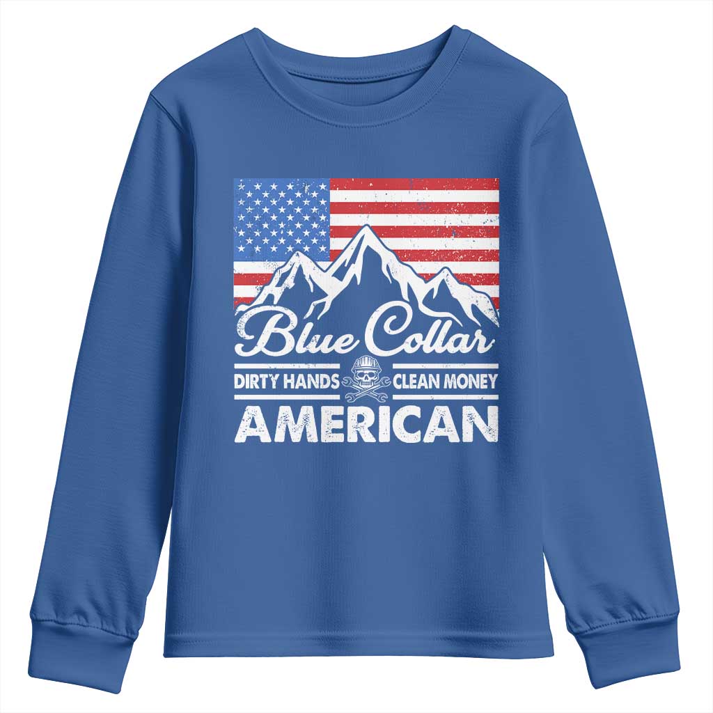 Blue Collar American Youth Sweatshirt Dirty Hands Clean Money Vintage American Flag Mountain - Wonder Print Shop
