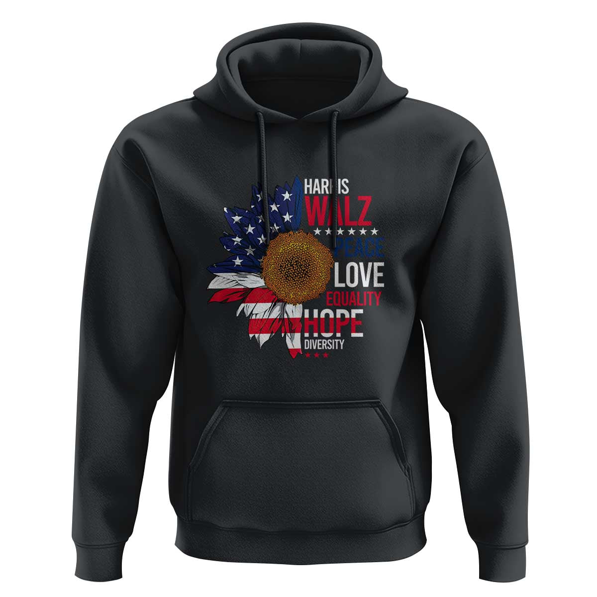Harris Walz Supporter Hoodie Peace Love Equality Hope Diversity Sunflower USA Flag - Wonder Print Shop