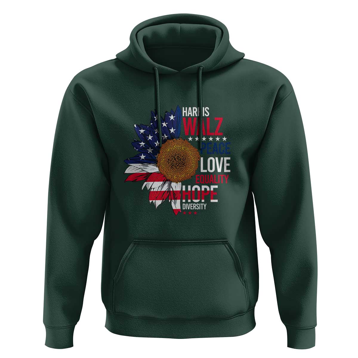 Harris Walz Supporter Hoodie Peace Love Equality Hope Diversity Sunflower USA Flag - Wonder Print Shop