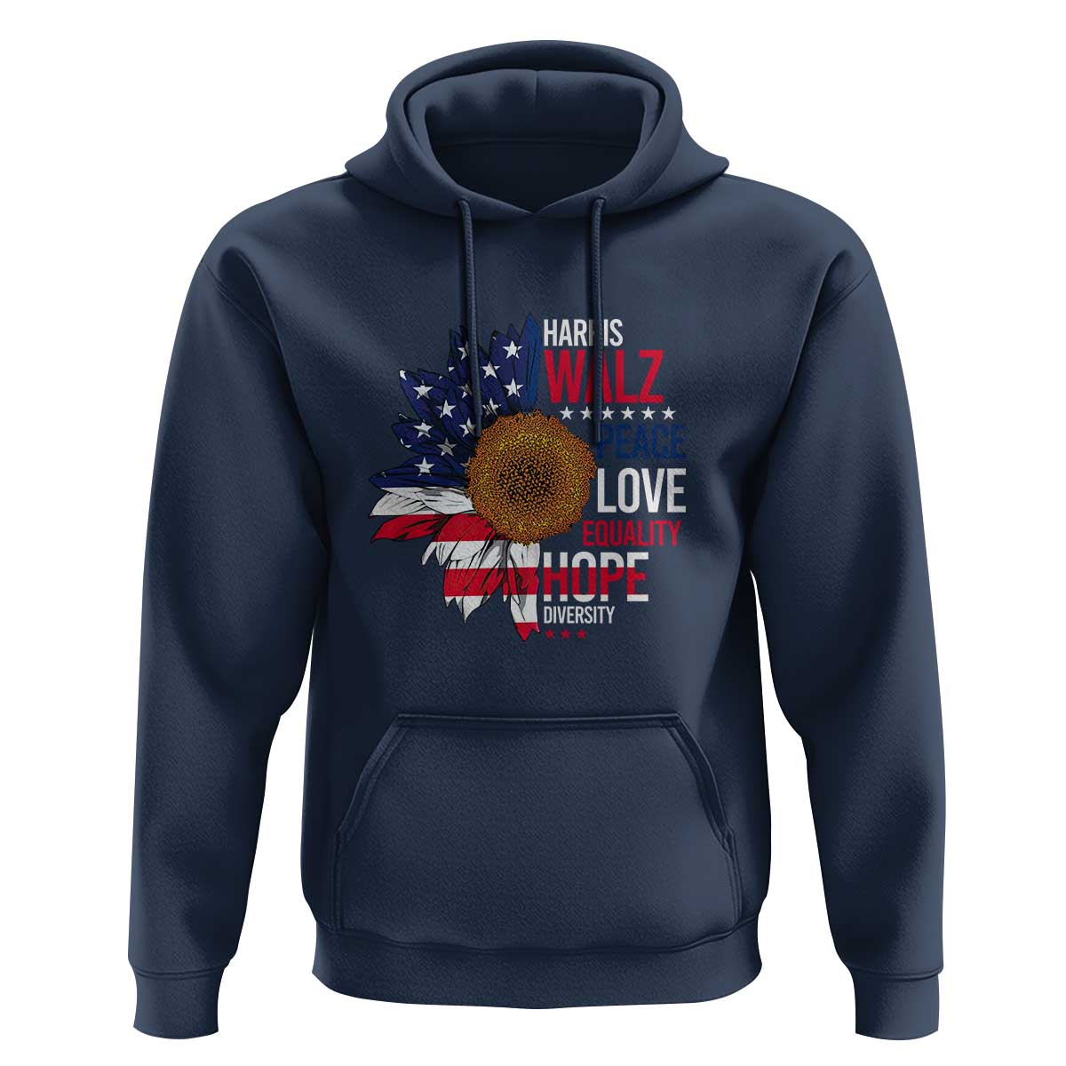 Harris Walz Supporter Hoodie Peace Love Equality Hope Diversity Sunflower USA Flag - Wonder Print Shop