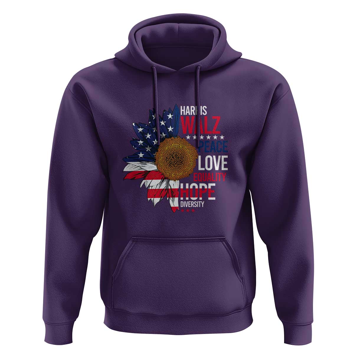 Harris Walz Supporter Hoodie Peace Love Equality Hope Diversity Sunflower USA Flag - Wonder Print Shop