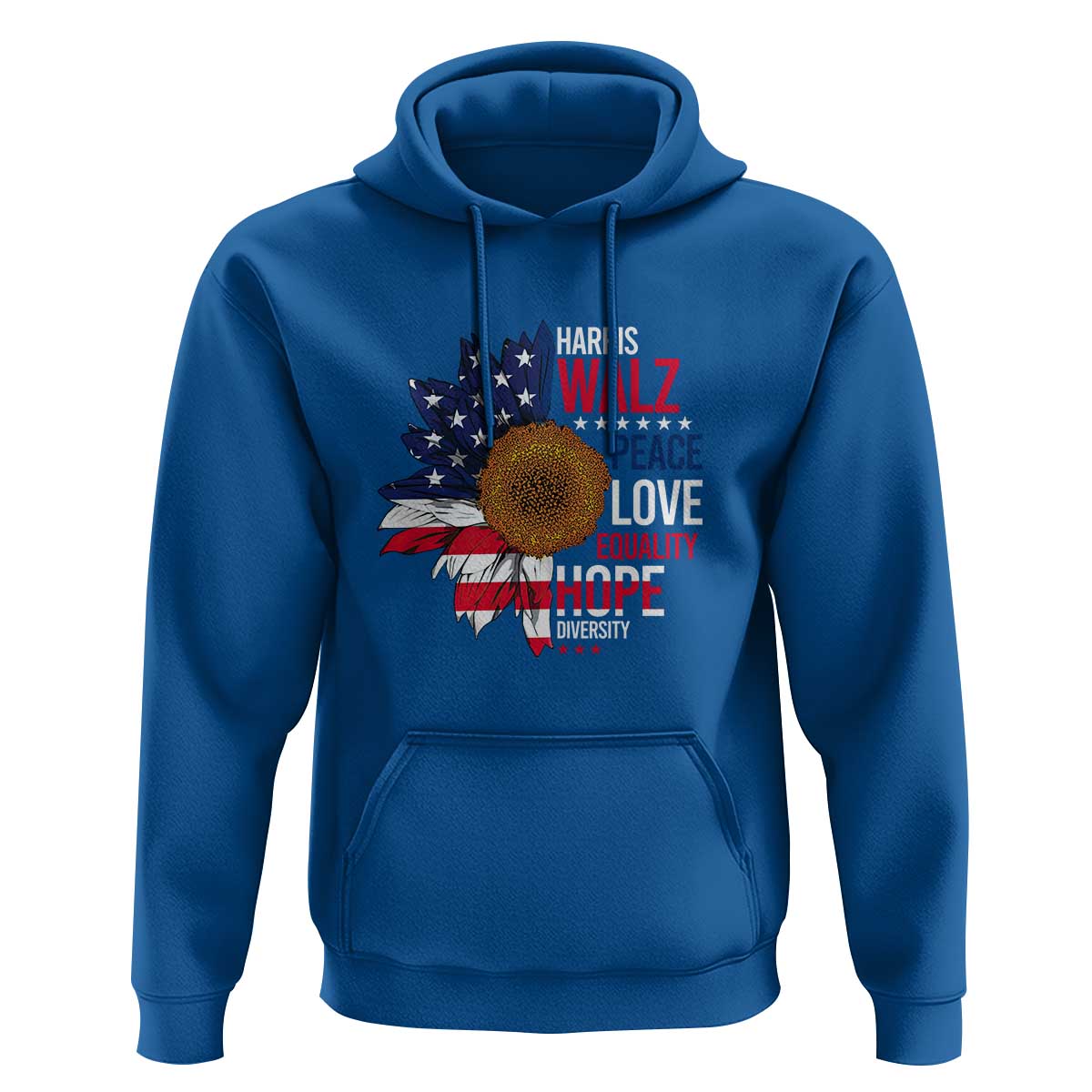 Harris Walz Supporter Hoodie Peace Love Equality Hope Diversity Sunflower USA Flag - Wonder Print Shop