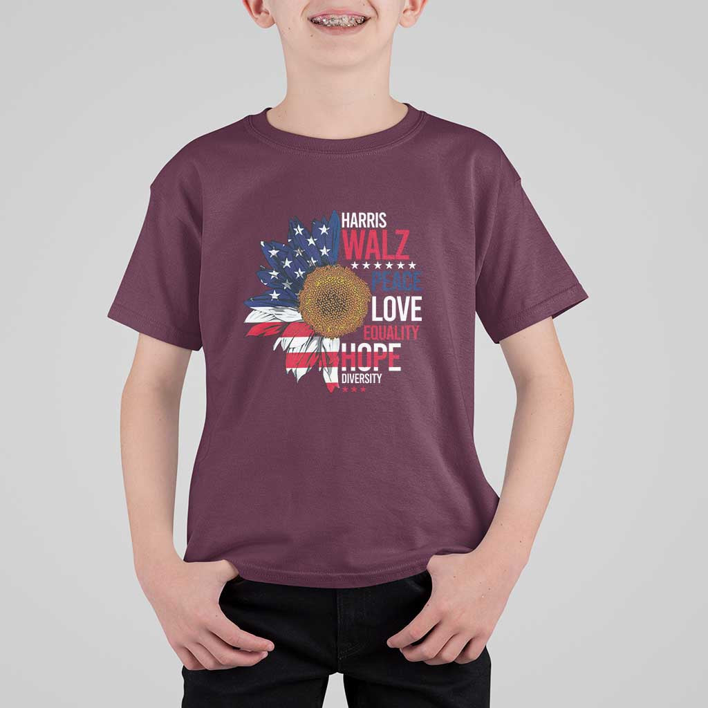Harris Walz Supporter T Shirt For Kid Peace Love Equality Hope Diversity Sunflower USA Flag - Wonder Print Shop