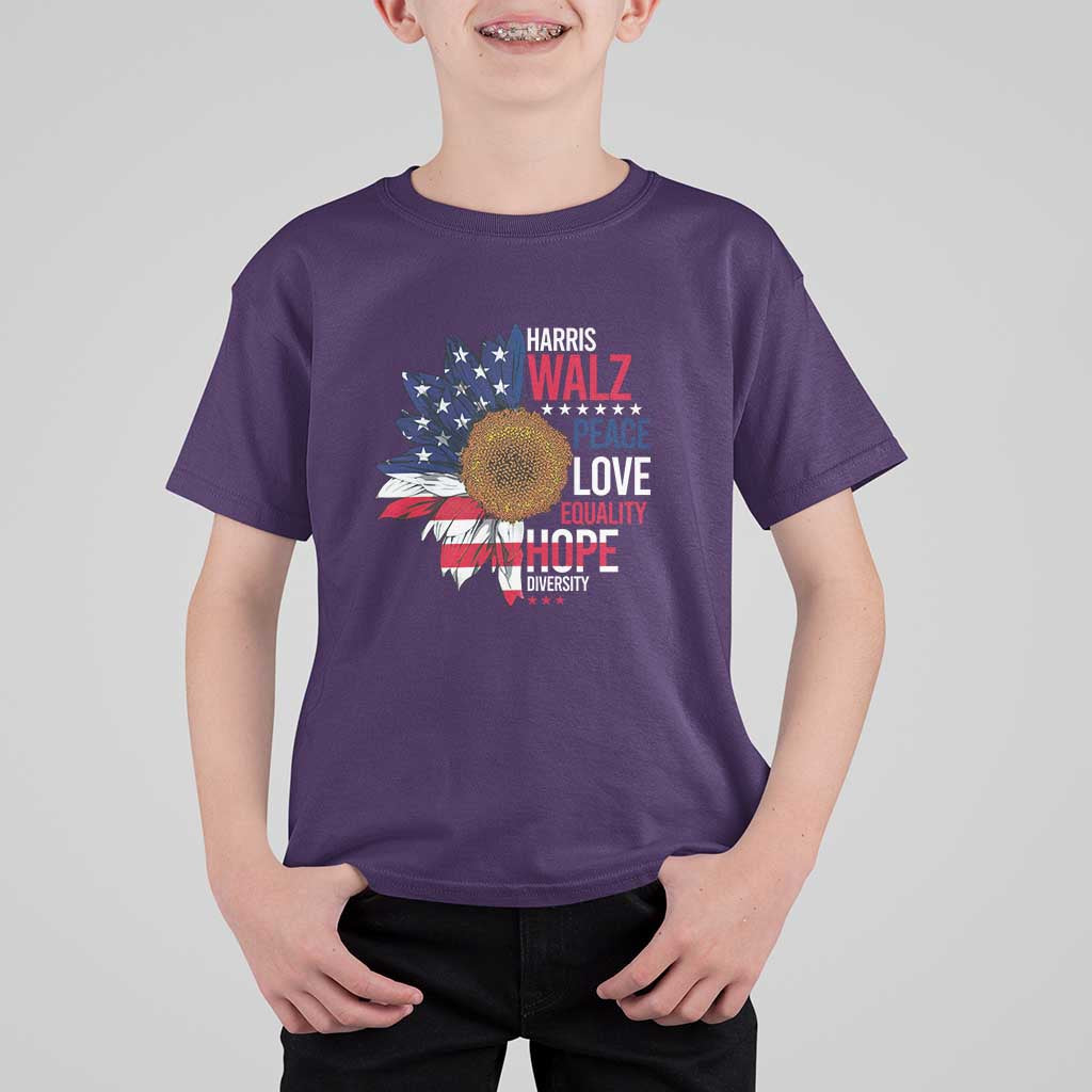 Harris Walz Supporter T Shirt For Kid Peace Love Equality Hope Diversity Sunflower USA Flag - Wonder Print Shop
