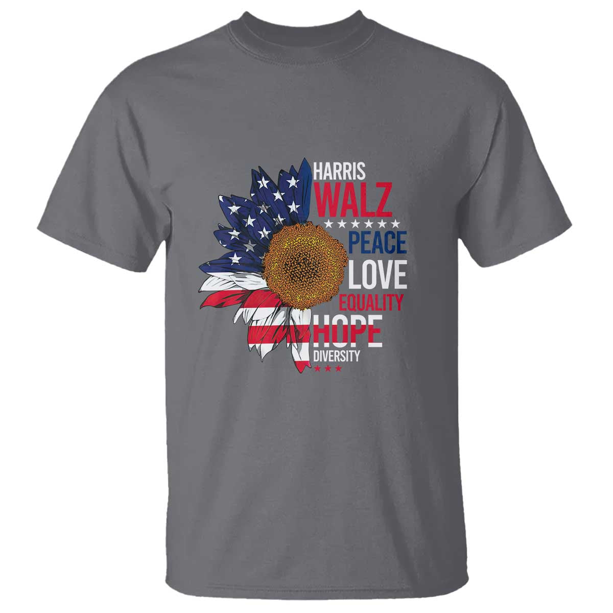 Harris Walz Supporter T Shirt Peace Love Equality Hope Diversity Sunflower USA Flag - Wonder Print Shop