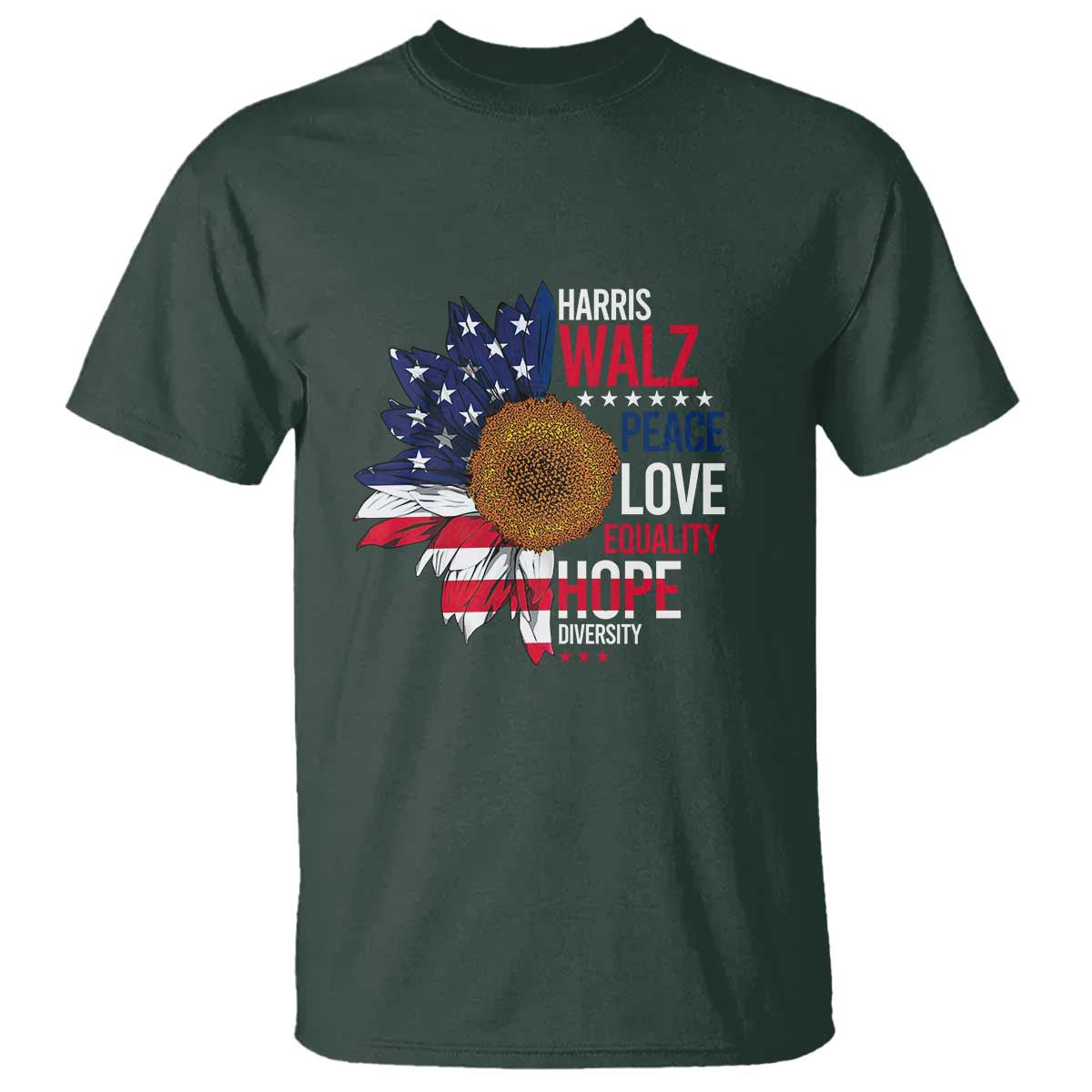 Harris Walz Supporter T Shirt Peace Love Equality Hope Diversity Sunflower USA Flag - Wonder Print Shop