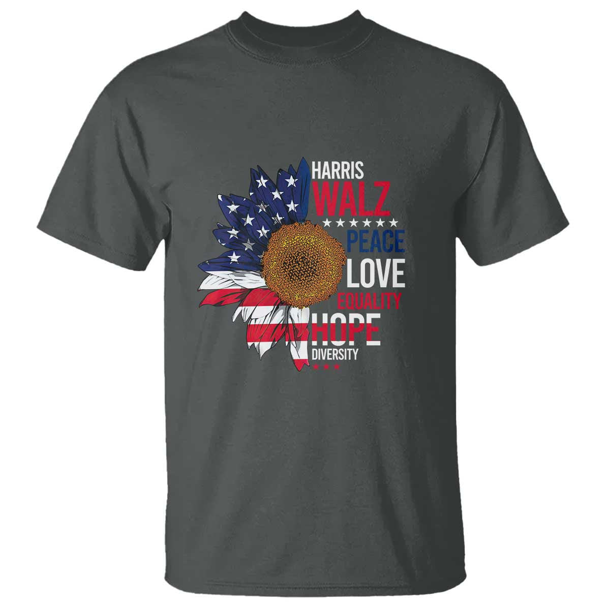 Harris Walz Supporter T Shirt Peace Love Equality Hope Diversity Sunflower USA Flag - Wonder Print Shop