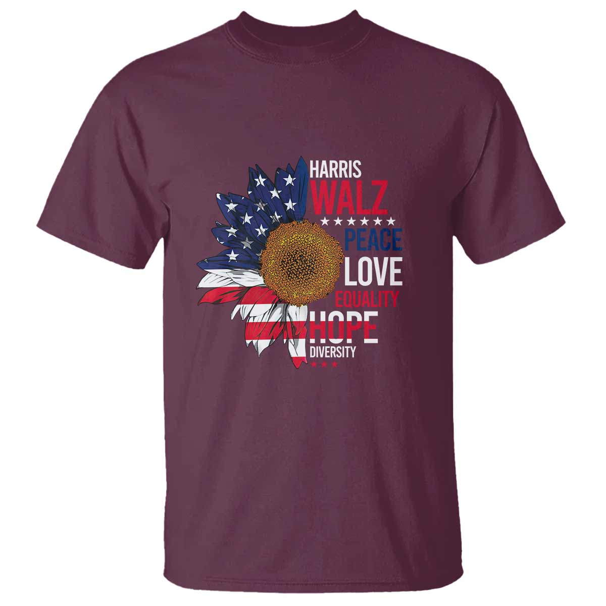 Harris Walz Supporter T Shirt Peace Love Equality Hope Diversity Sunflower USA Flag - Wonder Print Shop