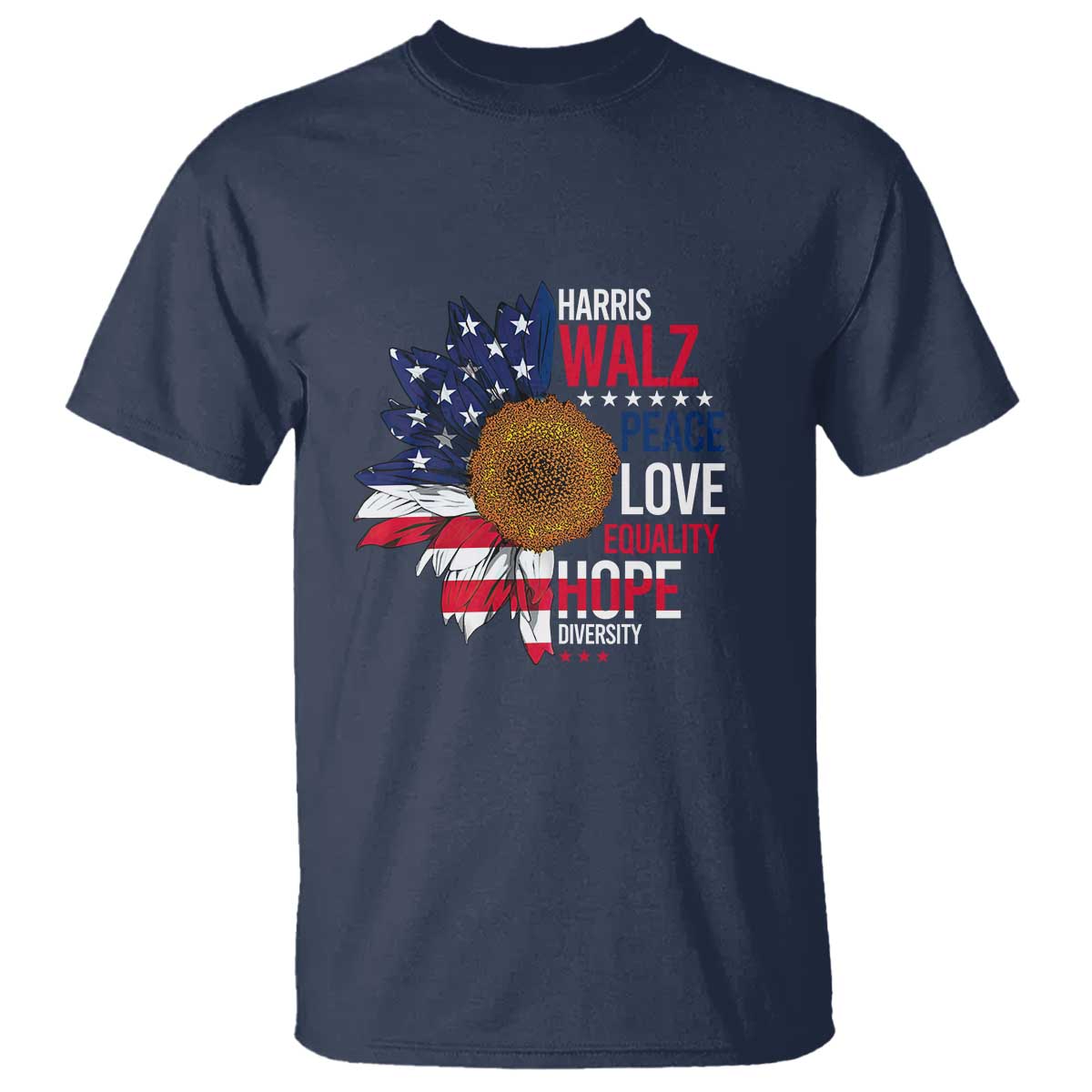 Harris Walz Supporter T Shirt Peace Love Equality Hope Diversity Sunflower USA Flag - Wonder Print Shop