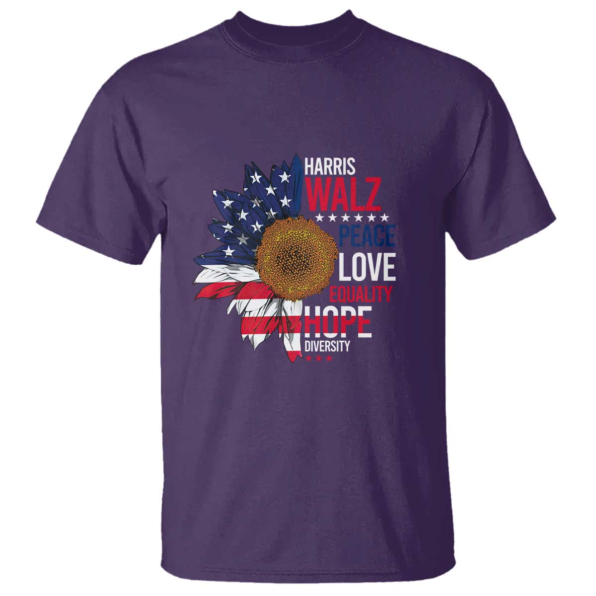 Harris Walz Supporter T Shirt Peace Love Equality Hope Diversity Sunflower USA Flag - Wonder Print Shop