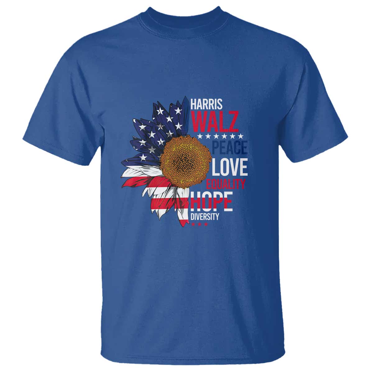 Harris Walz Supporter T Shirt Peace Love Equality Hope Diversity Sunflower USA Flag - Wonder Print Shop