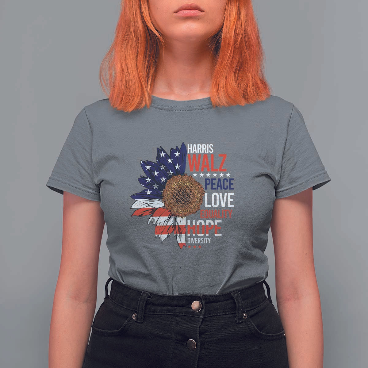Harris Walz Supporter T Shirt For Women Peace Love Equality Hope Diversity Sunflower USA Flag - Wonder Print Shop