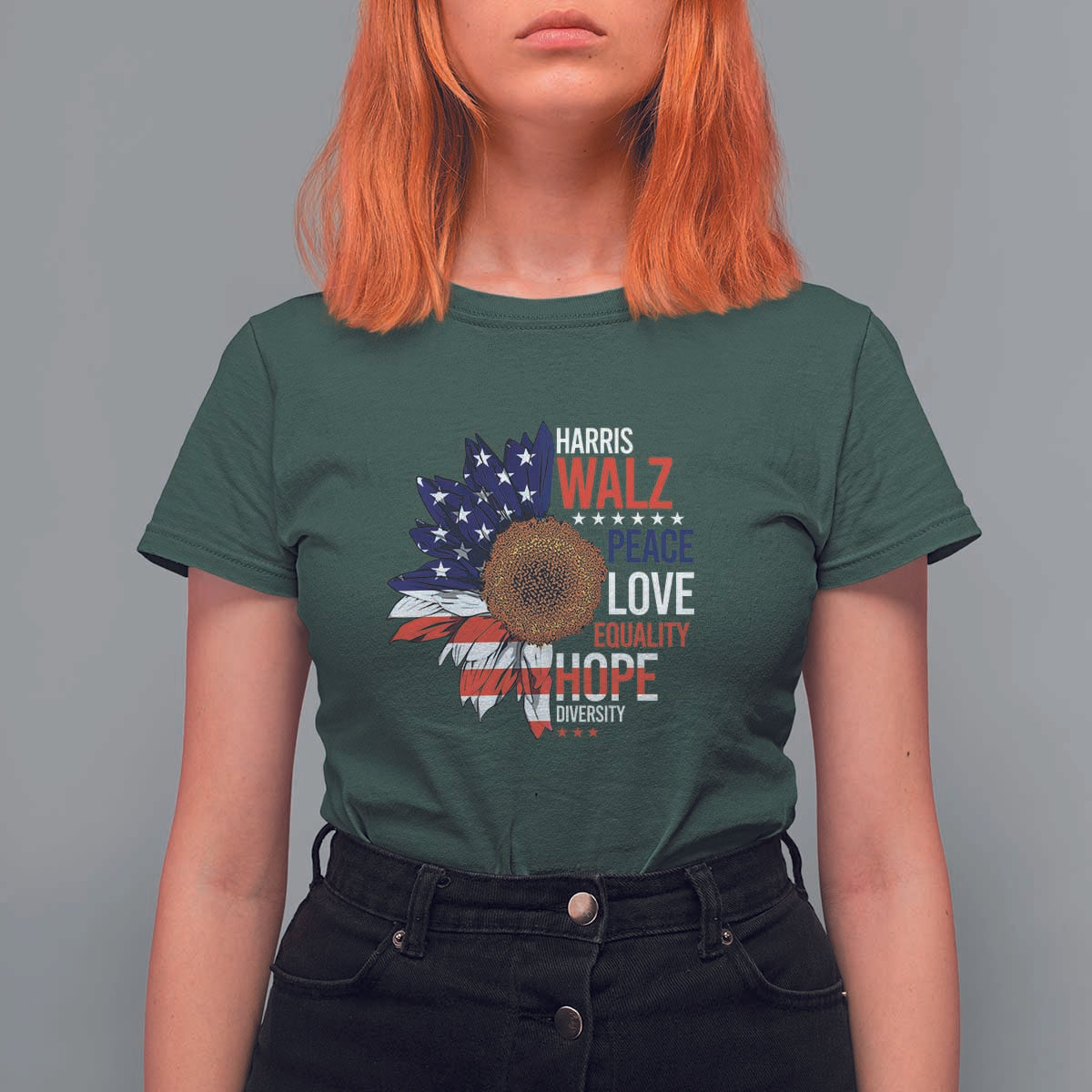Harris Walz Supporter T Shirt For Women Peace Love Equality Hope Diversity Sunflower USA Flag - Wonder Print Shop